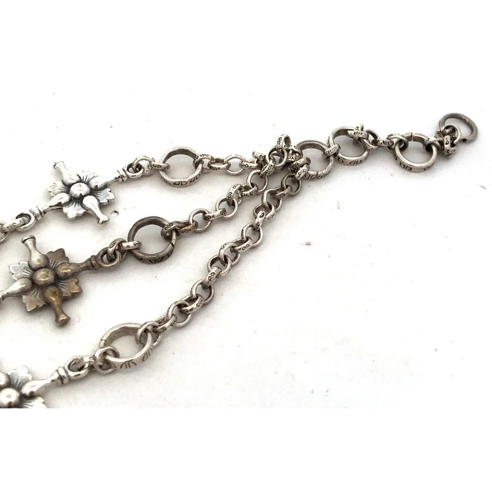 925 Sterling Silver Textured Floral Multi Strand Layered Chain Bracelet - Picture 4 of 8